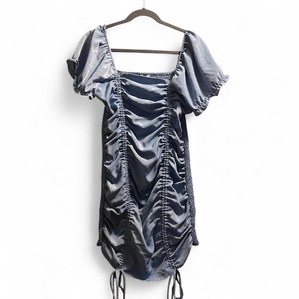 Love tree blueish grey‎ mini ruched Dress Puffed Sleeves Large Women's NWOT